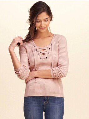 Hollister Y2K Rib Knit Sweater Lace Up Tie Long Sleeve Cotton Pink Stretch